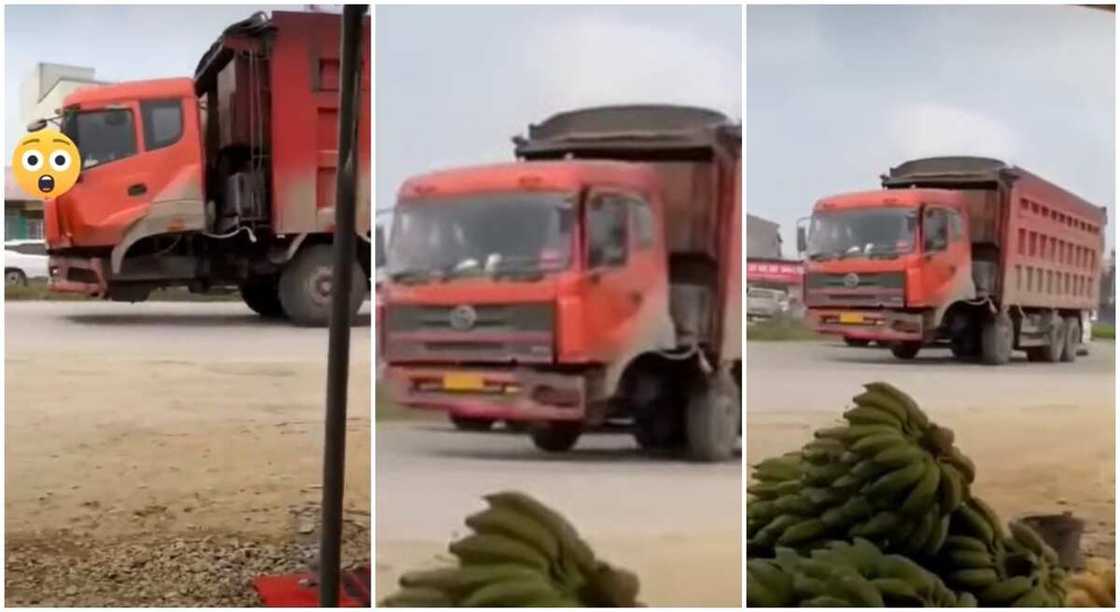 Driver entered a major road with a truck which has its two front tires completely removed. Driver entered a major road with a truck which has its two front tires completely removed.