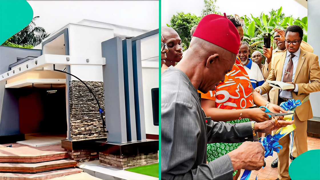 Lady displays house she built for father.