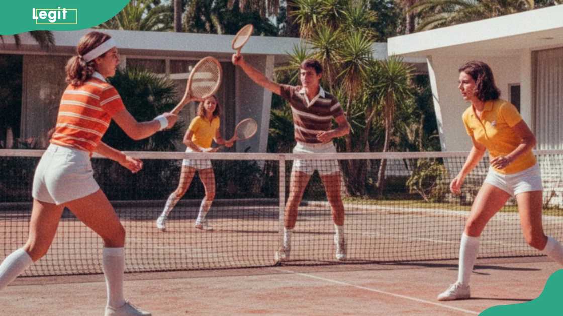 Some of Love Island Adria cast playing doubles tennis Some of Love Island Adria cast playing doubles tennis