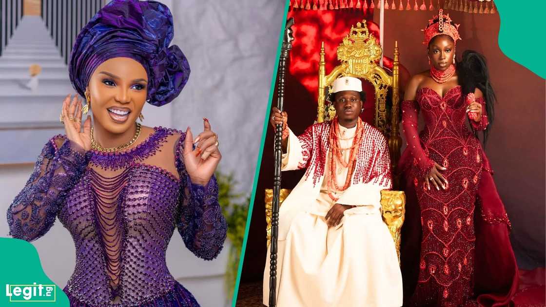 Iyabo Ojo reacts excitedly as a male guest showers her with bundles of money at Zlatan Ibile’s wedding celebration