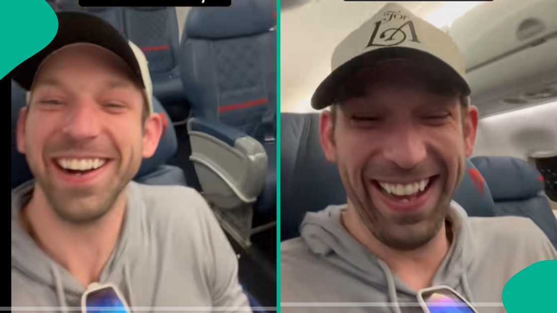 Excited man boards airplane as the only passenger. Excited man boards airplane as the only passenger.