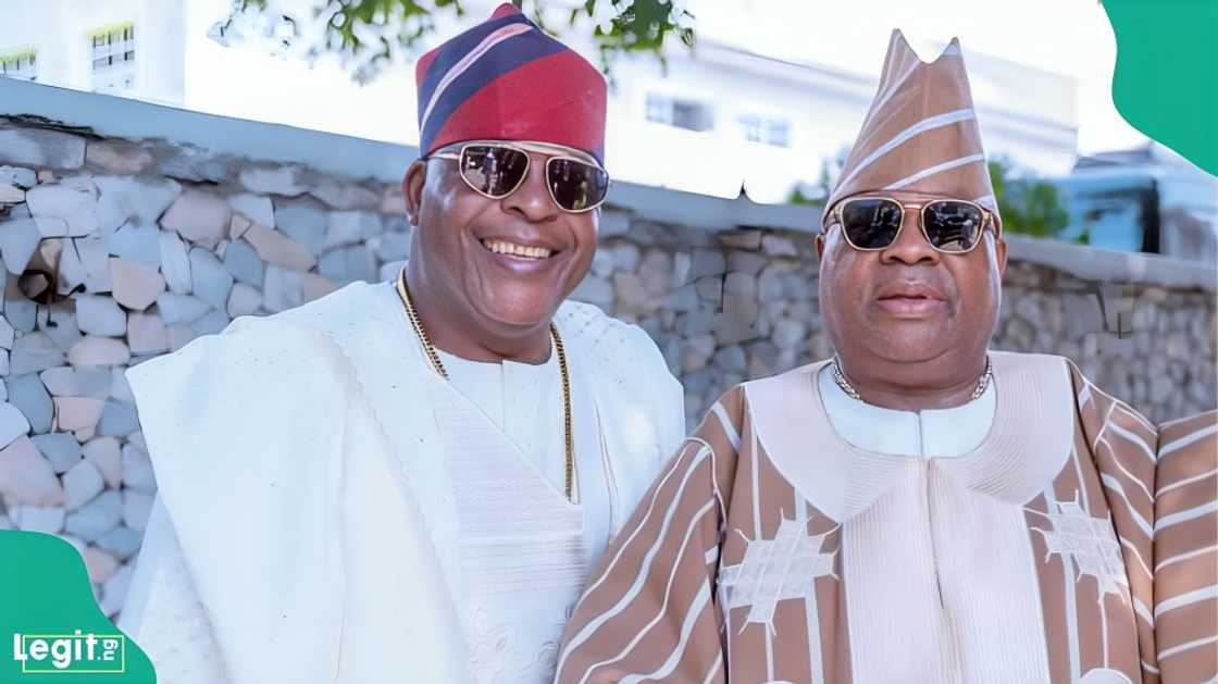 Governor Ademola Adeleke performs on stage with Afro-juju legend Sir Shina Peters and gospel singer Adegbodu