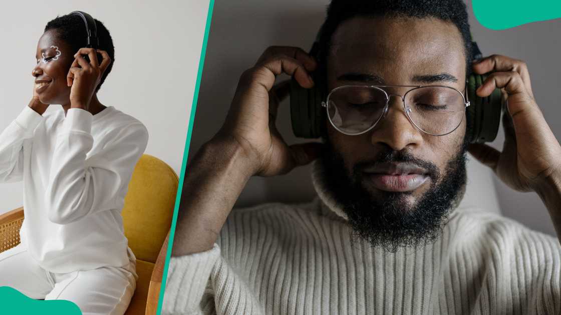 A woman and a man listening to music using their headphones.