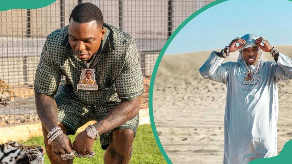 Bandman Kevo starring at a Bengal tiger (L). The rapper having a good time in Dubai (R).