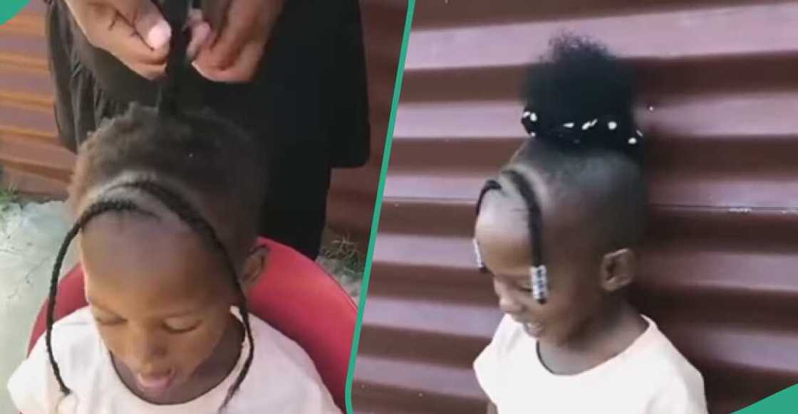 Young girl plaits her scanty hair