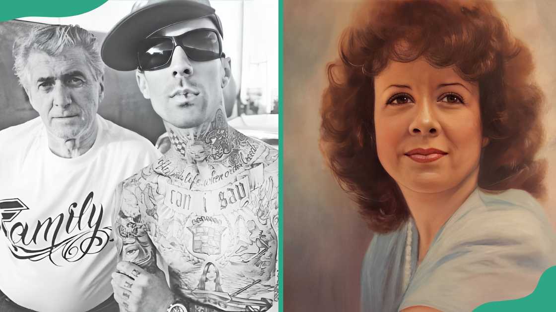 A black and white photo of Randy and Travis Barker (L), and a painting of Gloria Barker (R)