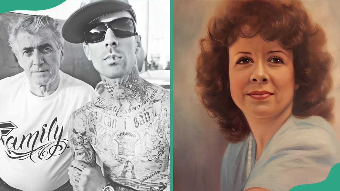 A black and white photo of Randy and Travis Barker (L), and a painting of Gloria Barker (R) A black and white photo of Randy and Travis Barker (L), and a painting of Gloria Barker (R)