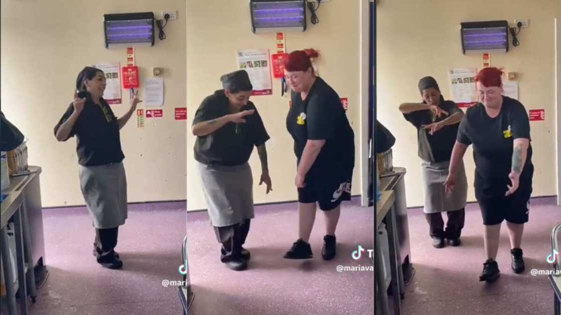 Two waitresses show their dancing skills Two waitresses show their dancing skills