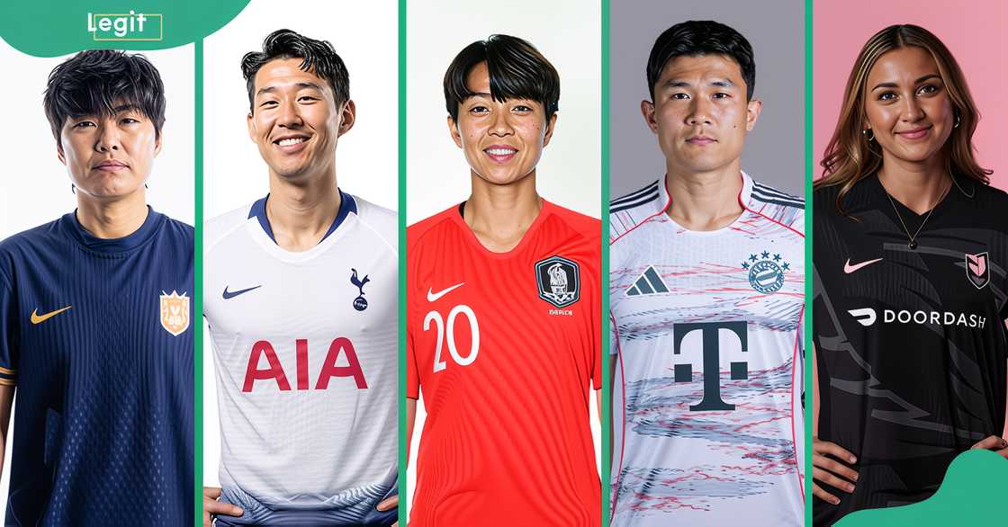Ji So-yun, Son Heung-min, Kim Hye-ri, Kim Min-jae, and Casey Phair pose for team portraits