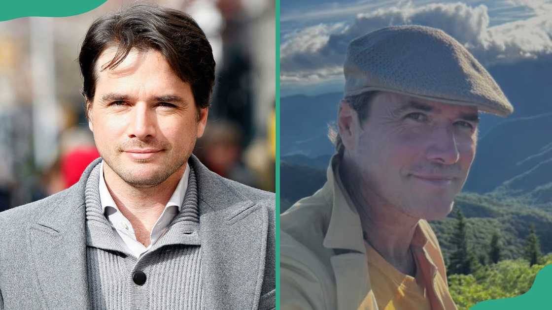 Matthew Settle posing on set and in the mountains