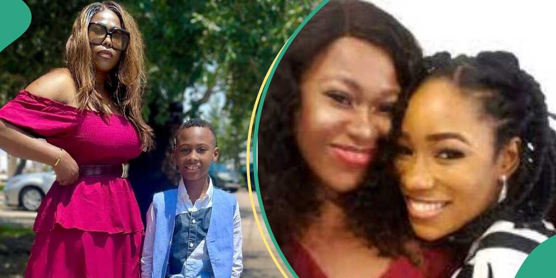 Uche Jombo's son says he is jealous to see his mom hug her movie daughter. Uche Jombo's son says he is jealous to see his mom hug her movie daughter.