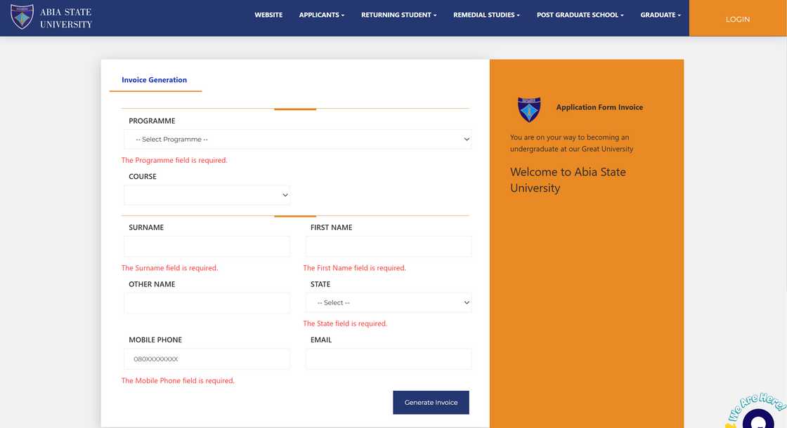 Abia State University application form invoice Abia State University application form invoice