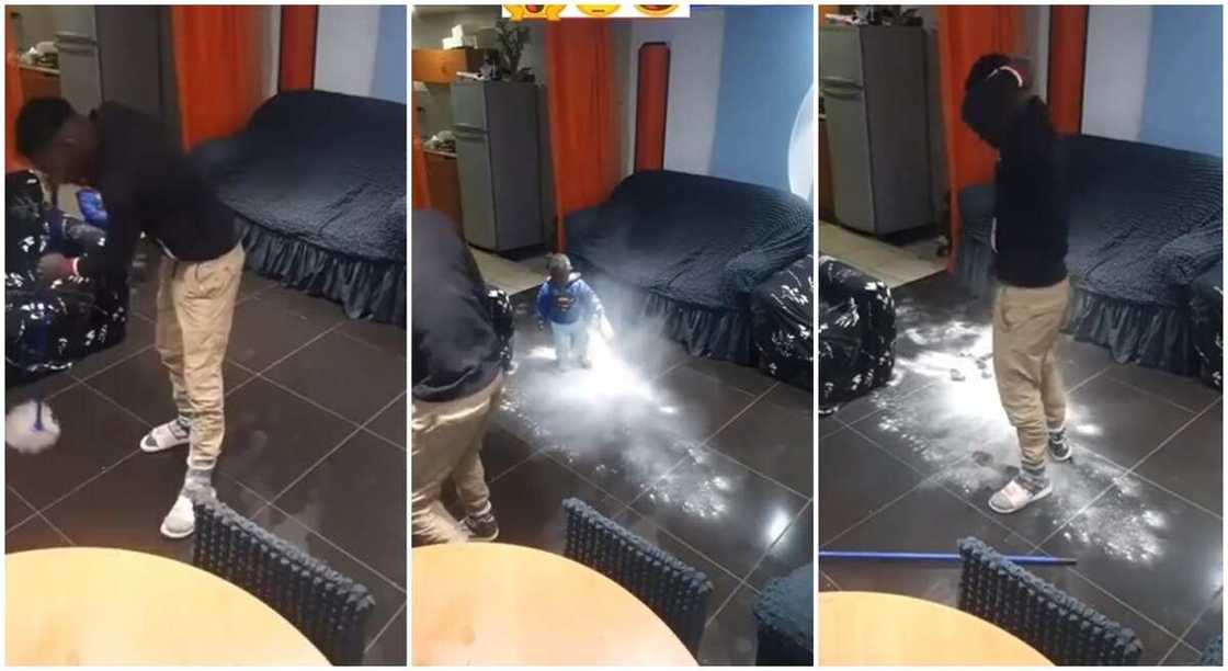 Man gets angry after boy messed up floor. Man gets angry after boy messed up floor.