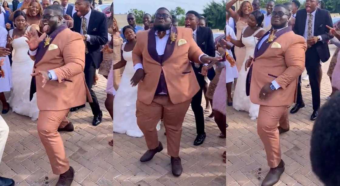 Photos of a man dancing during his wedding. Photos of a man dancing during his wedding.