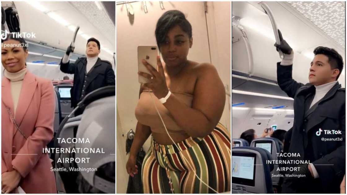 Flight attendant winked/curvy lady makes man smile.