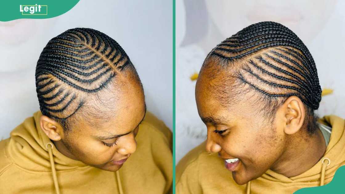 Woman showcasing creative thin cornrows Woman showcasing creative thin cornrows