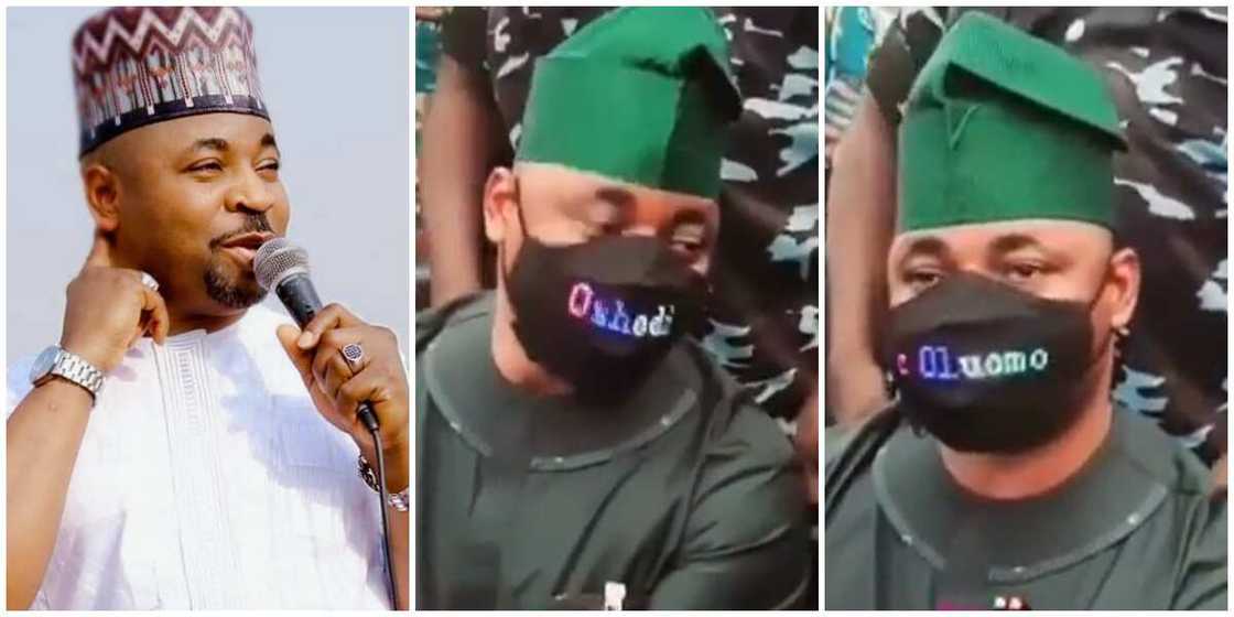 MC Oluomo Stirs Massive Reaction Online as He Rocks Electronic Mask Displaying His Name