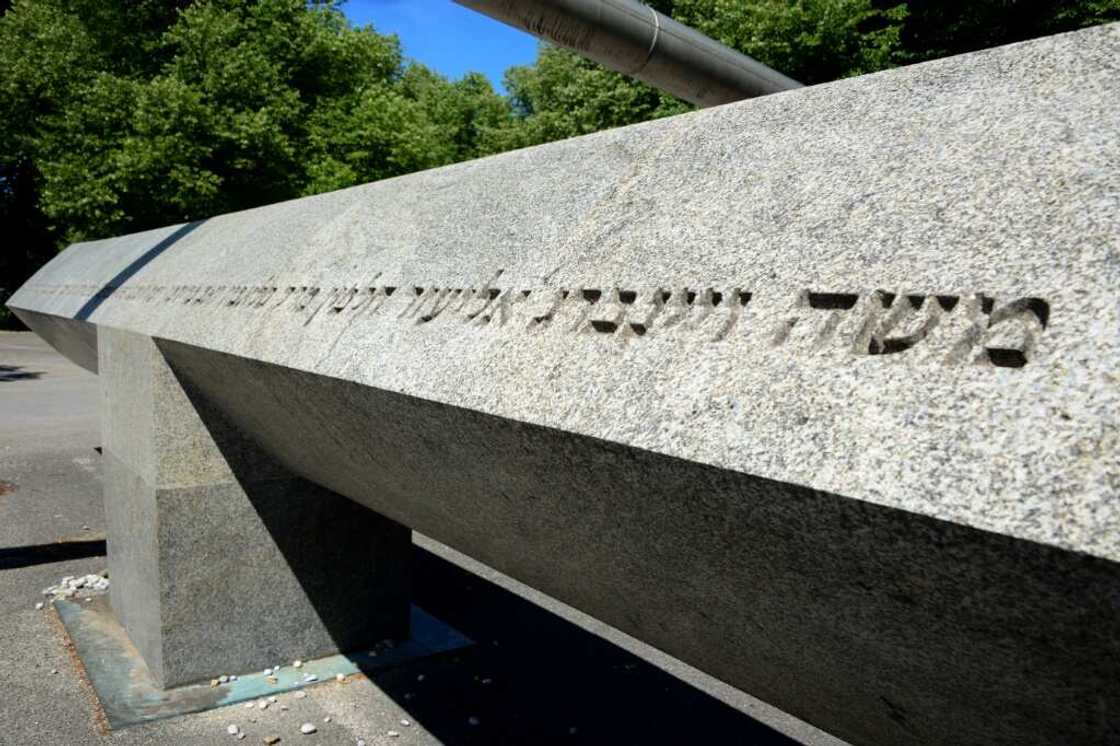 A memorial bears the names in Hebrew of the 11 Israeli athletes and coaches and a German police officer killed in the 1972 attack