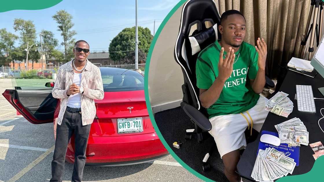 Habby Forex poses next to a car and shows off his money