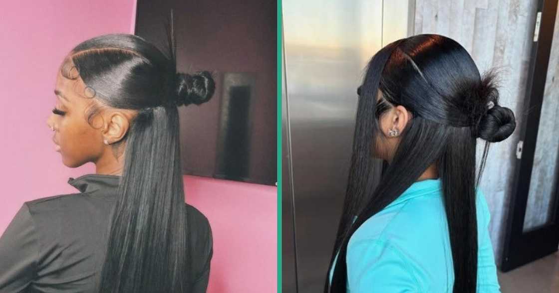 Sleek side parted hairstyles with spiked bun.