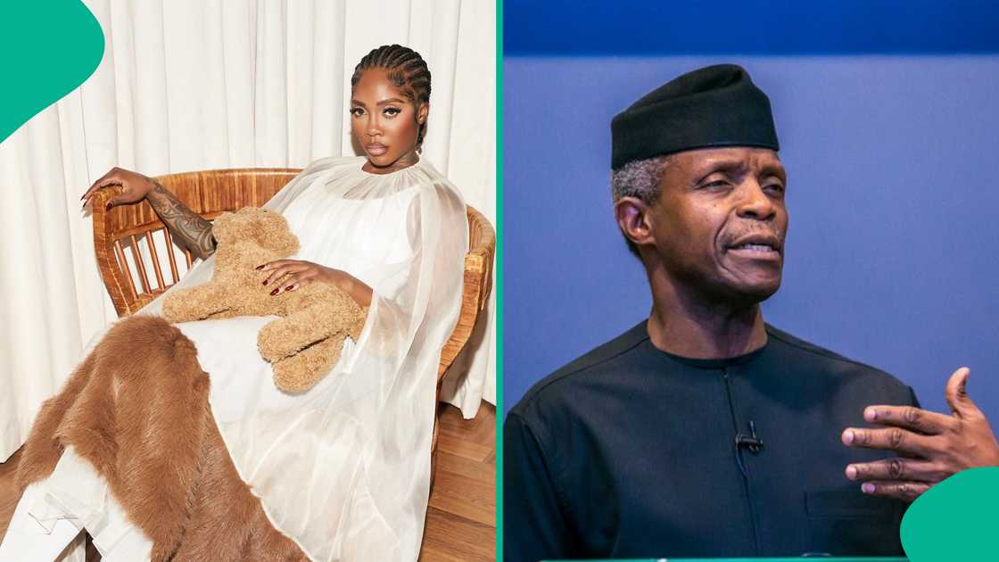 Tiwa Savage seen with Professor Yemi Osnibajo at event, she greets him respectfully.