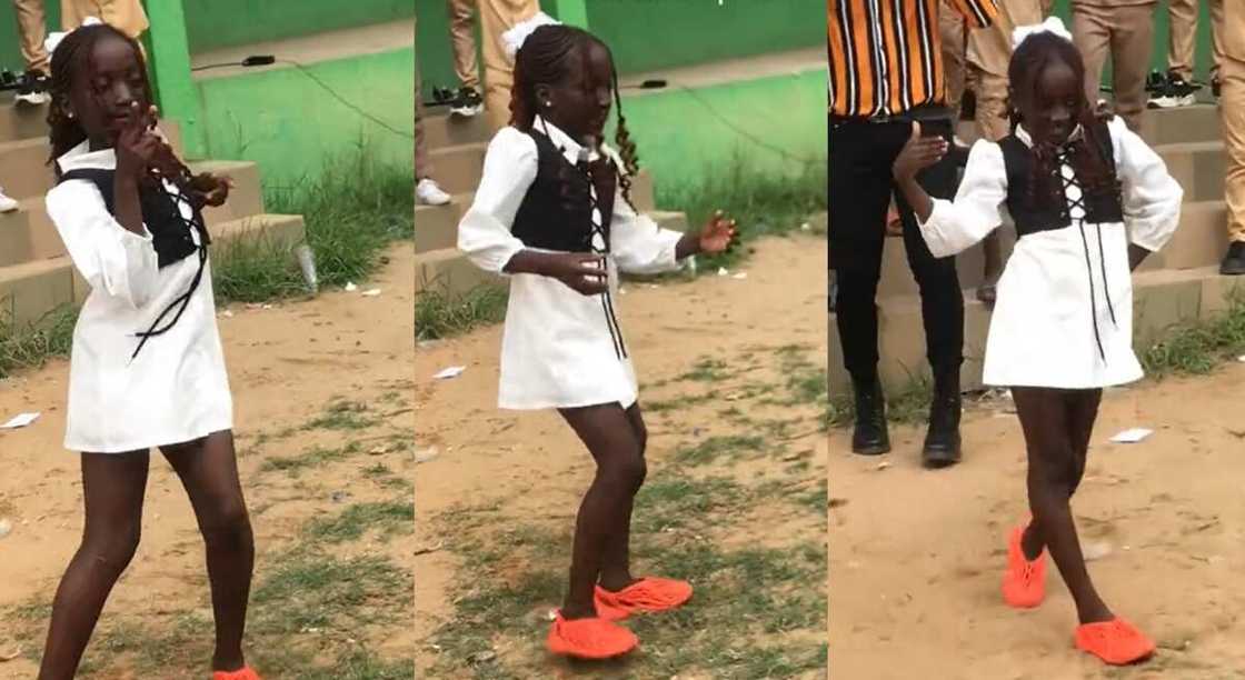 Photos of a young girl dancing in front of a crowd.