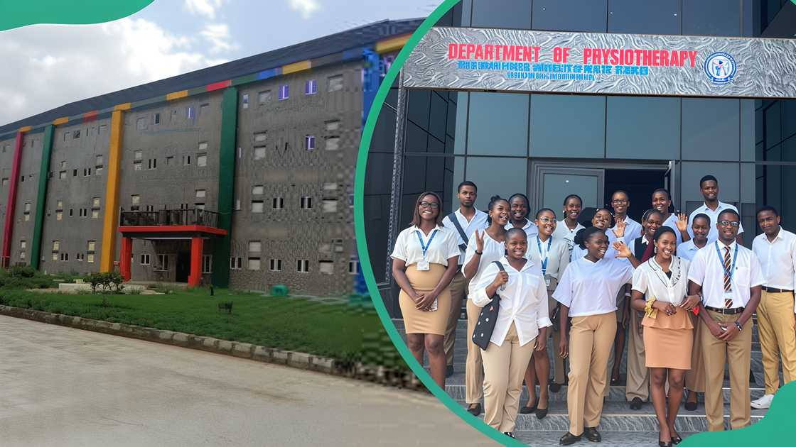 A section of the David Umahi University building (L). David Umahi University students posing for a photo in front of the Department of Physiotherapy building (R)