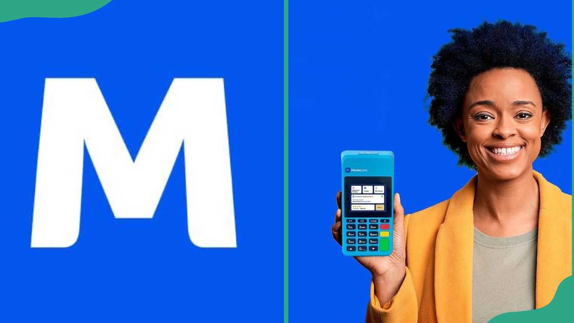 Moniepoint logo (L). A young lady smiles while holding a Moniepoint machine (R) Moniepoint logo (L). A young lady smiles while holding a Moniepoint machine (R)