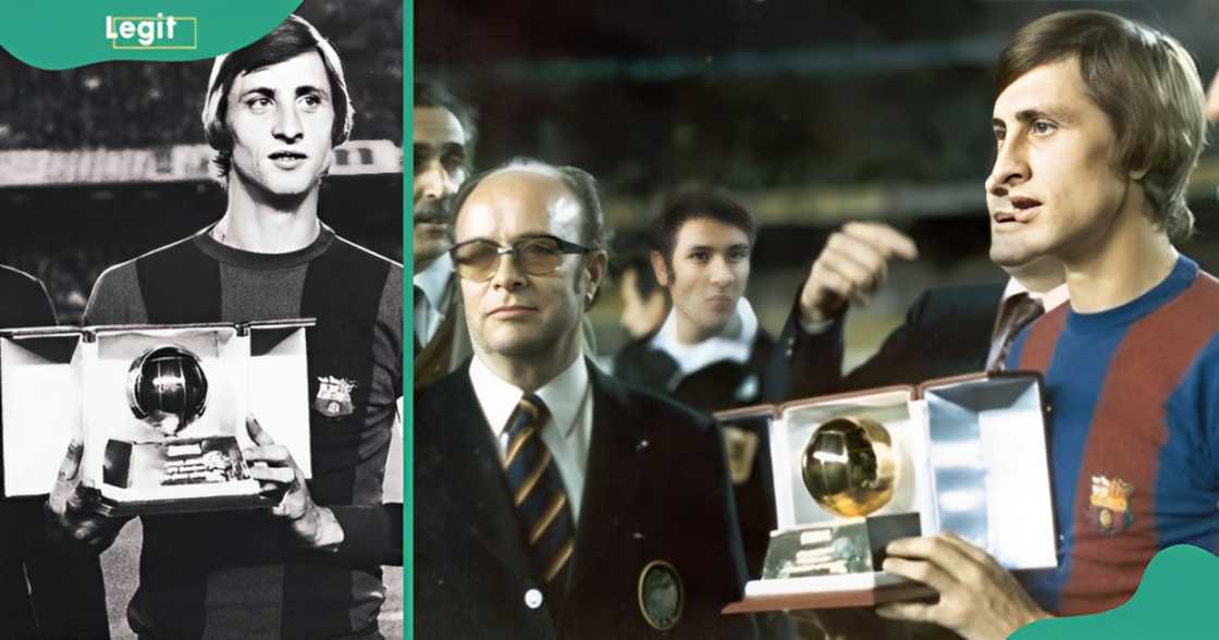 Johan Cruyff poses standing with his third Golden Ball in 1974 on a football field (L). The footballer receives his 1973 Ballon d'Or on a field (R)