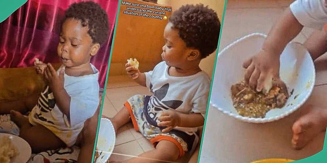 Video shows little boy eating eba and soup Video shows little boy eating eba and soup