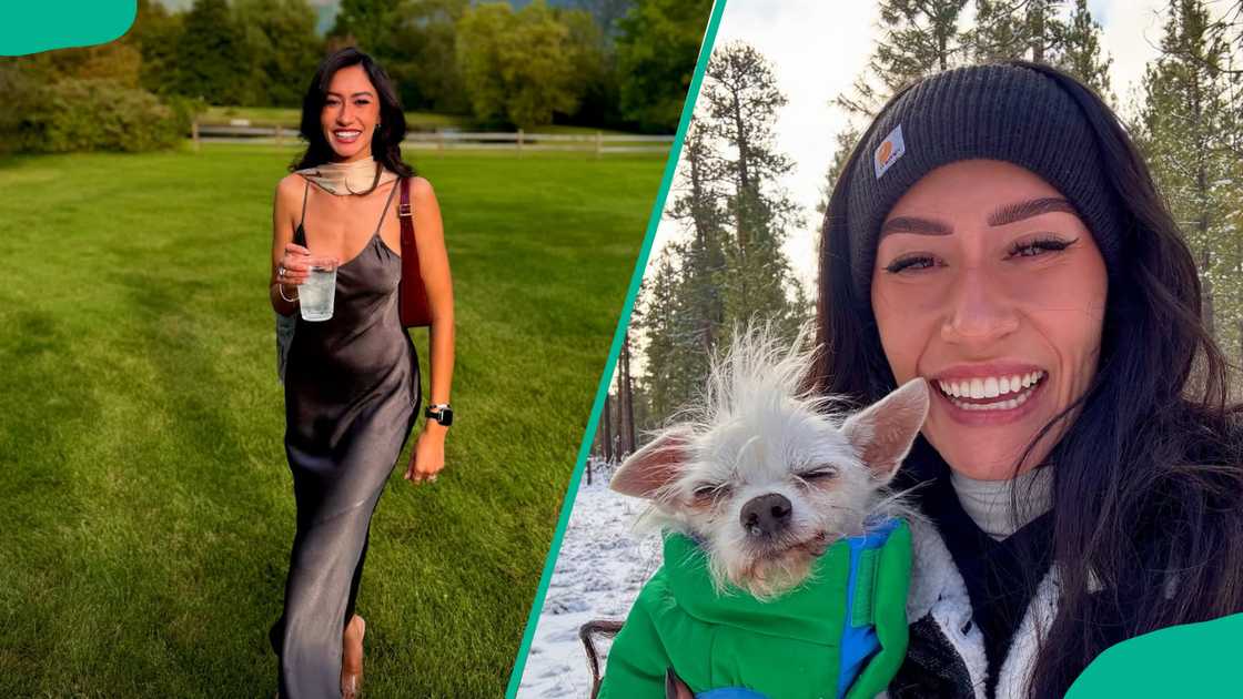 Sara Jane Moore in a black maxi dress and she poses with a chihuahua