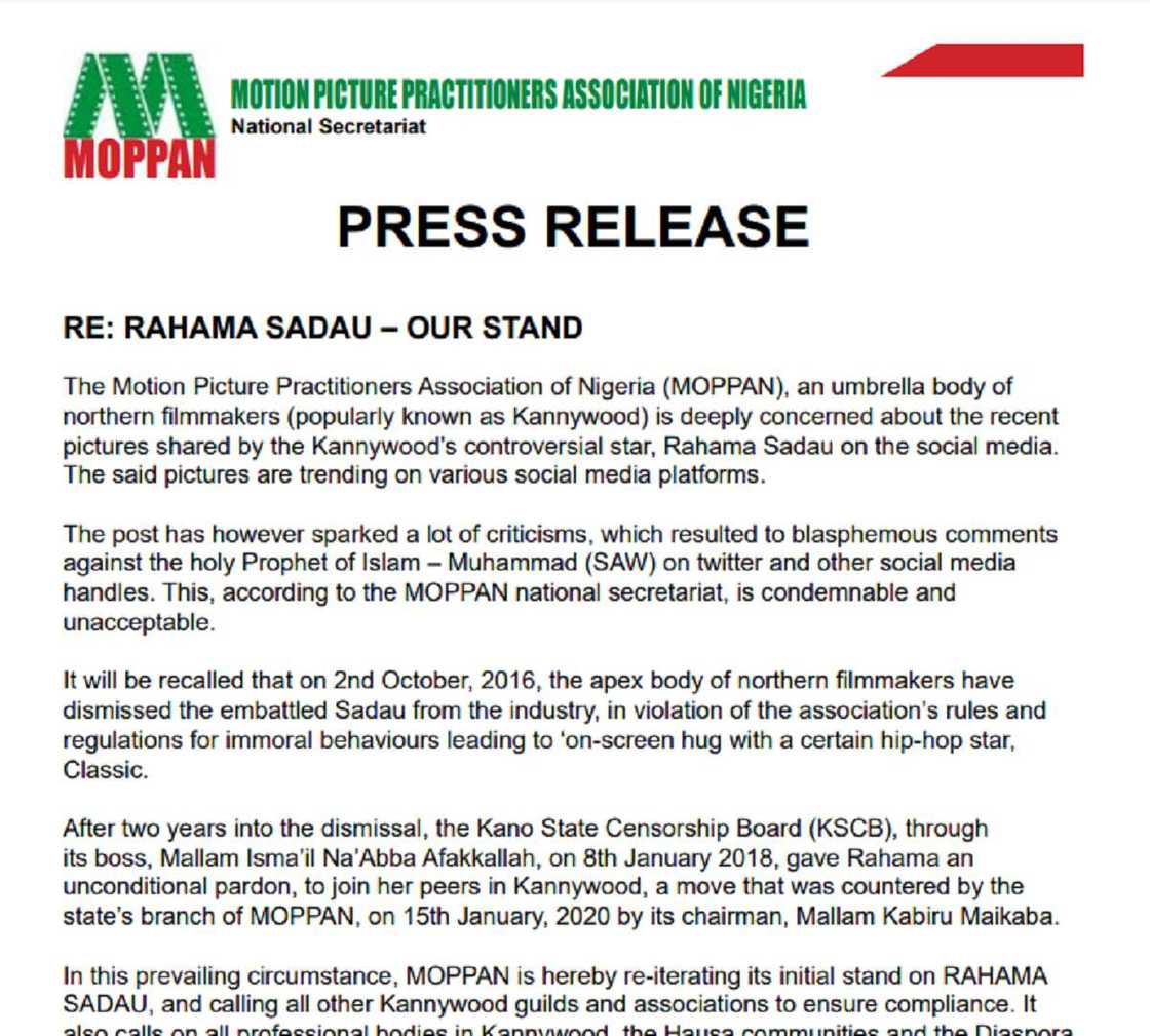 Kannywood ta kori Rahama Sadau, ta bukaci sauran jarumai da su yanke alaka da ita Kannywood ta kori Rahama Sadau, ta bukaci sauran jarumai da su yanke alaka da ita