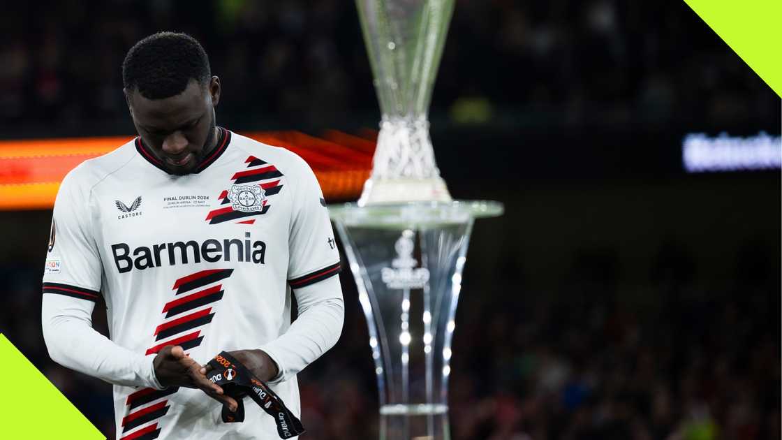 Victor Boniface looks dejected after losing the Europa League final. Victor Boniface looks dejected after losing the Europa League final.