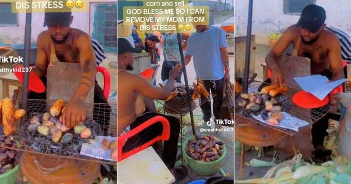 Man roasts corn for mum by the roadside Man roasts corn for mum by the roadside