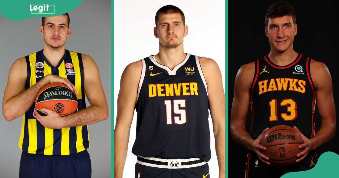 Nemanja Bjelica (L), Nikola Jokić (C) and Bogdan Bogdanović (R) pose in basketball kits. Nemanja Bjelica (L), Nikola Jokić (C) and Bogdan Bogdanović (R) pose in basketball kits.