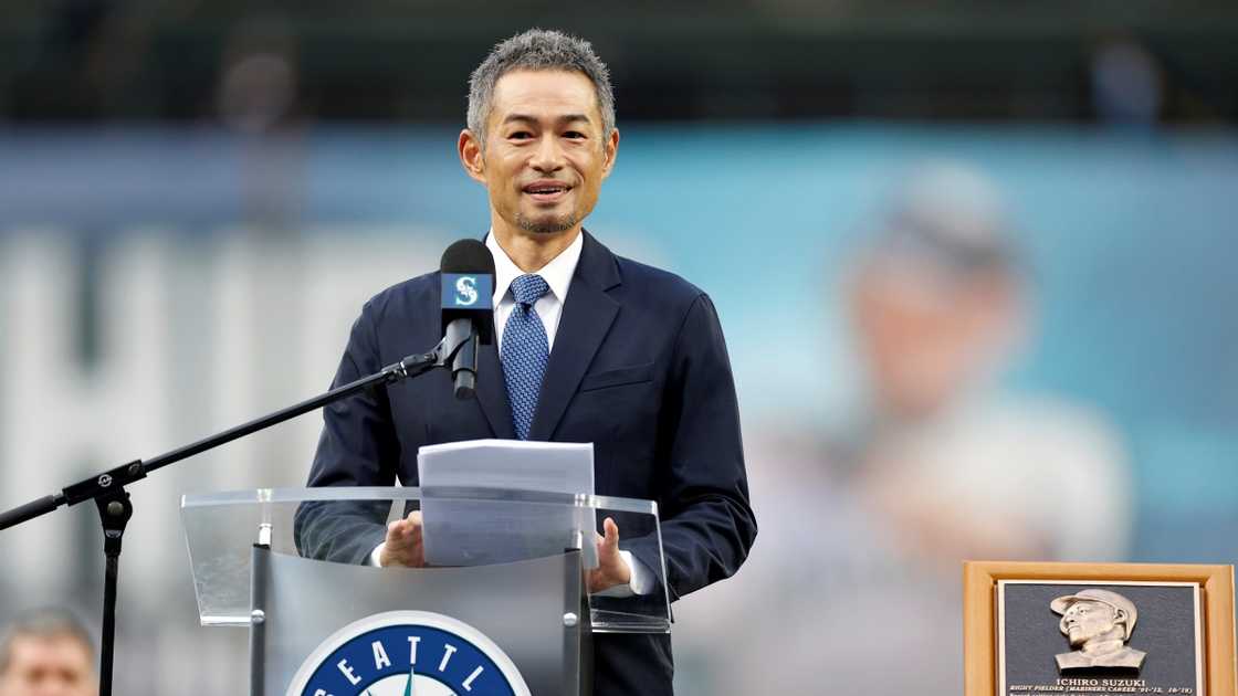 Former Seattle Mariner Ichiro Suzuki speaks during the Mariners Hall of Fame ceremony.