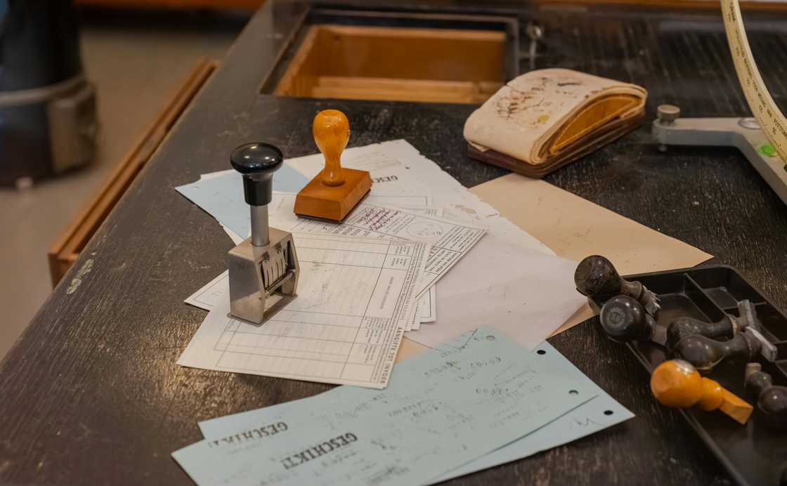 A desk with documents and stamps