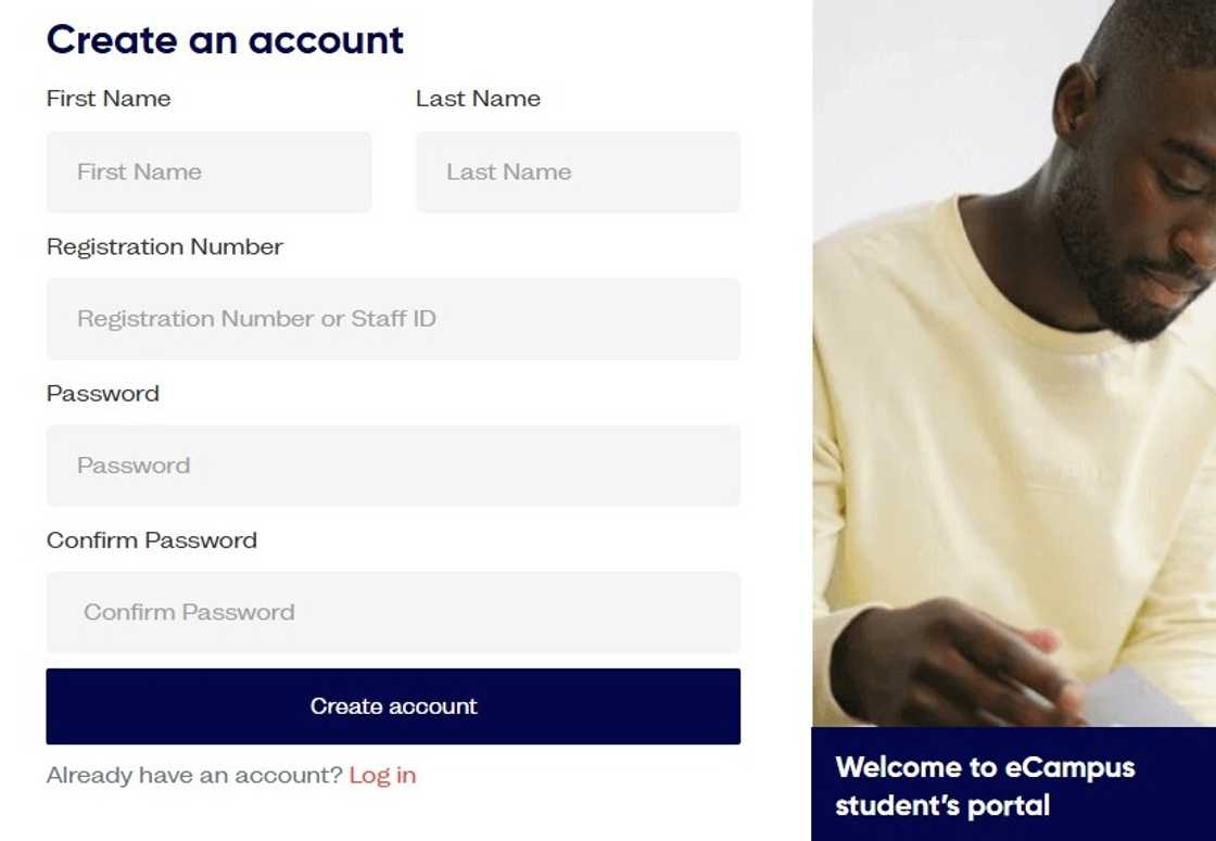 A screenshot of FUOTUOKE's e-Campus portal's account creation page A screenshot of FUOTUOKE's e-Campus portal's account creation page
