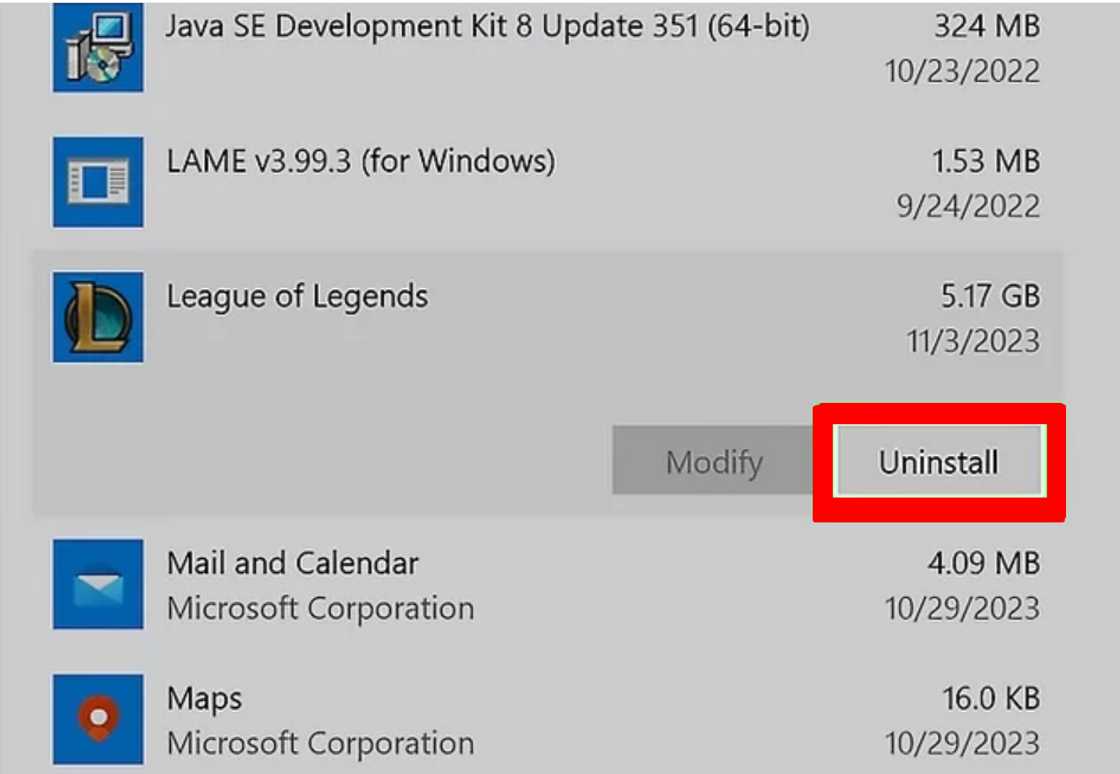 "Uninstall" button highlighted for the "League of Legends" application in the Windows Apps & features section.