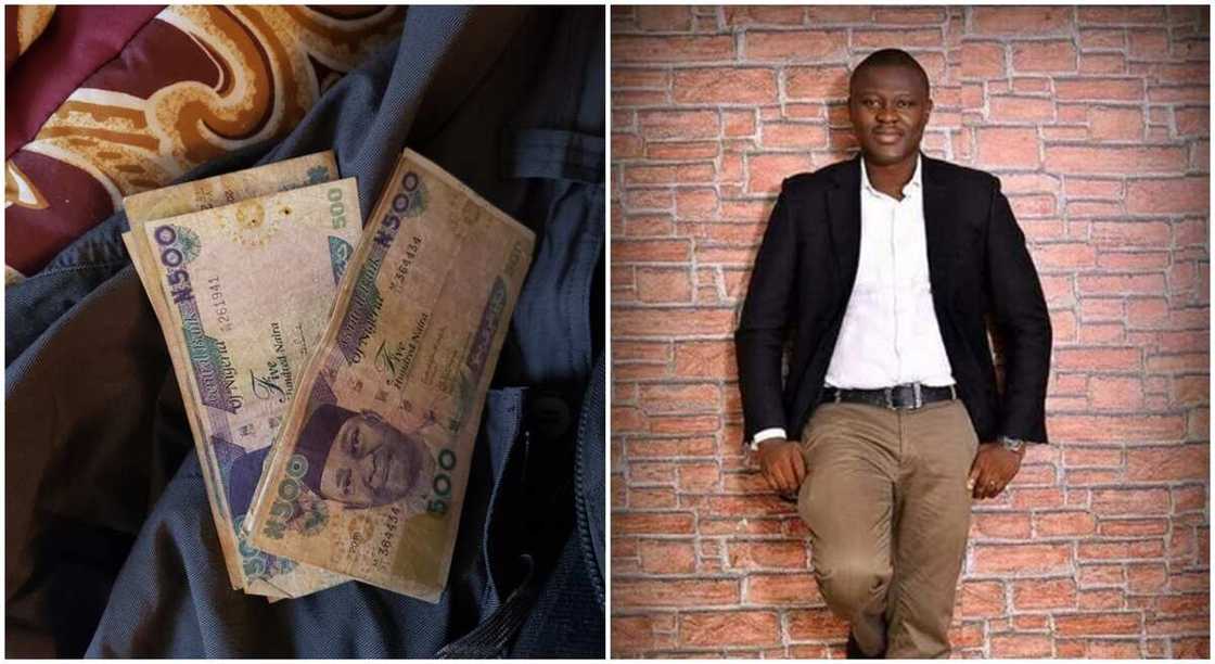 Nigerian man, Opeyemi Babalola shows off money he found in his pocket while washing. Nigerian man, Opeyemi Babalola shows off money he found in his pocket while washing.