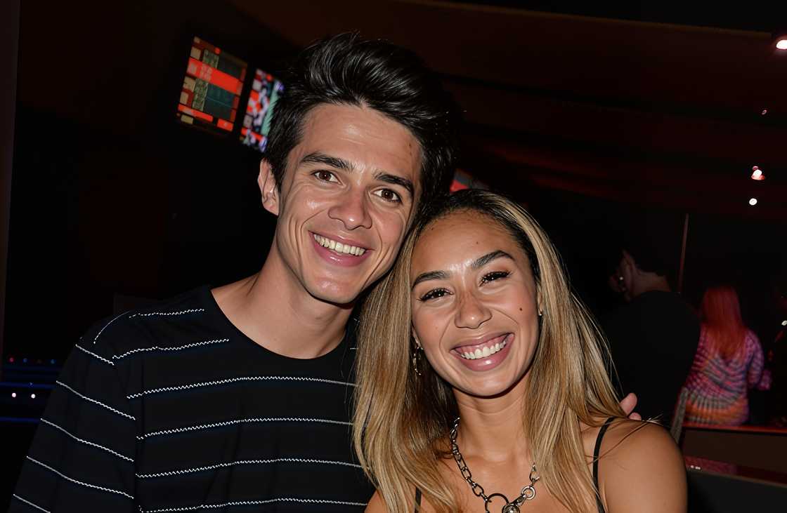 Brent Rivera and Eva Gutowski pose at Anaheim Garden Walk Brent Rivera and Eva Gutowski pose at Anaheim Garden Walk