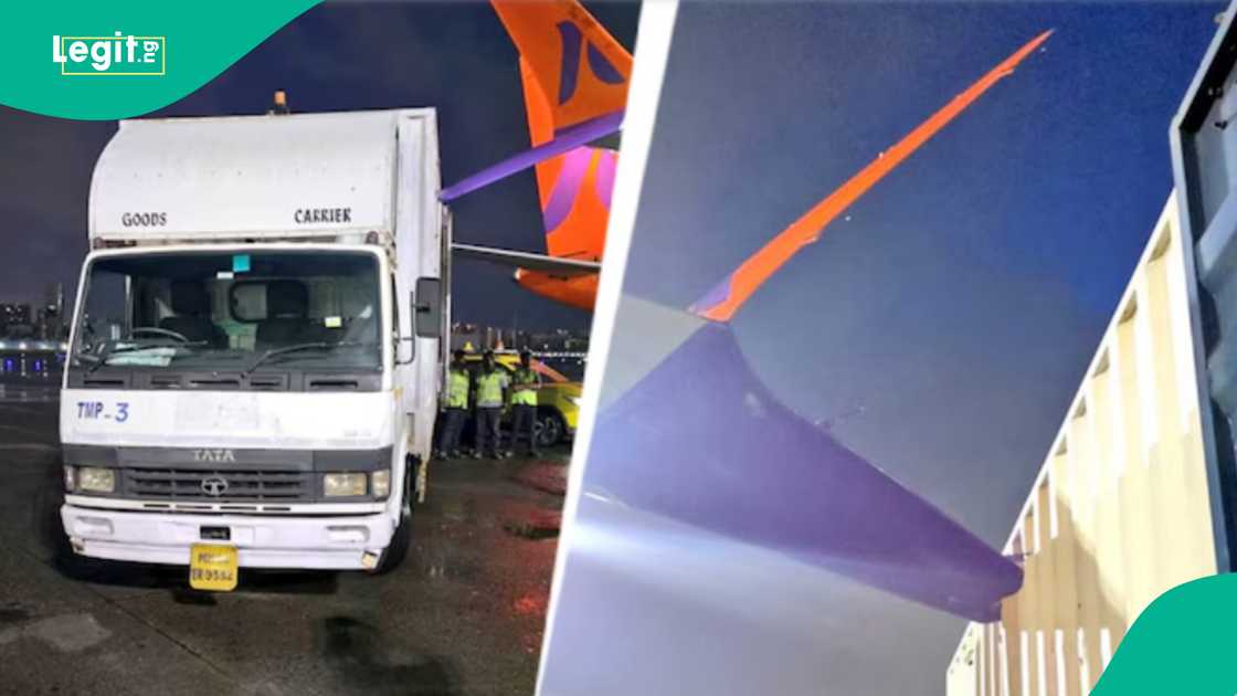 Truck hit a parked plane in Indian airport. Truck hit a parked plane in Indian airport.
