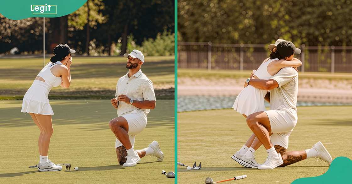 Dak Prescott kneels to propose to his girlfriend, Sarah Jane Ramos (L). The couple hug after the proposal (R). Dak Prescott kneels to propose to his girlfriend, Sarah Jane Ramos (L). The couple hug after the proposal (R).