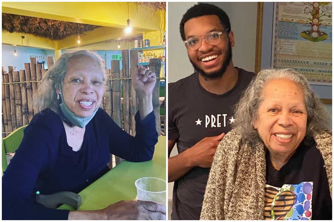 Yvonne Seon, smiles as she sits at a table (L). The American professor celebrates a moment with her grandson (R)