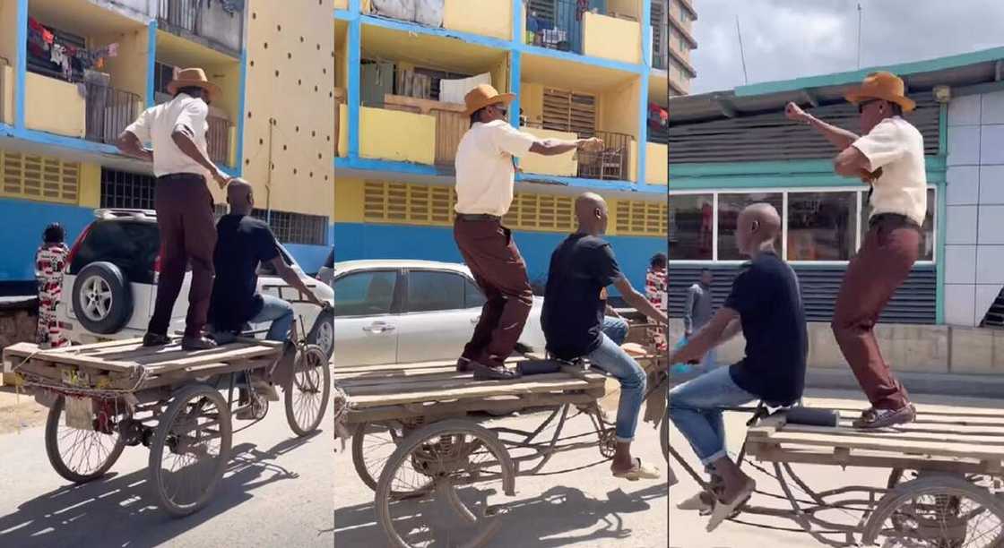 Photos of a man dancing on the back of tricycle.