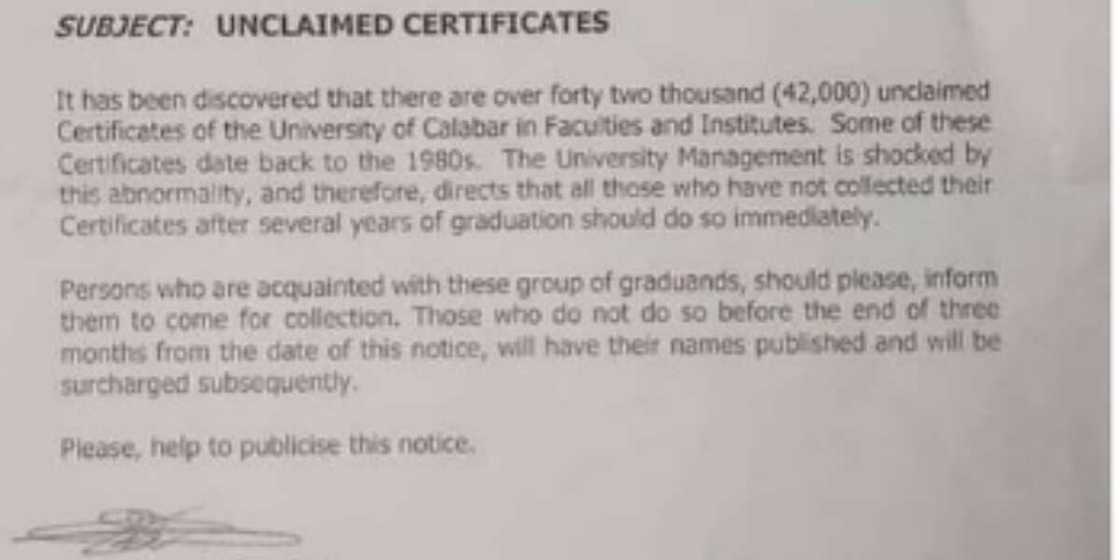 UNICAL said over 42,000 graduands are yet to collect their certificates