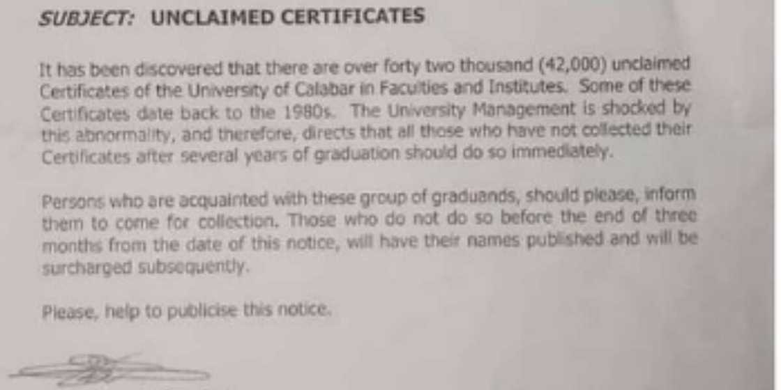 UNICAL said over 42,000 graduands are yet to collect their certificates UNICAL said over 42,000 graduands are yet to collect their certificates