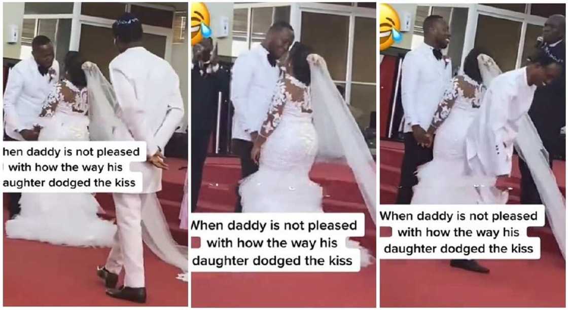 Photos of a dad inspecting wedding kiss. Photos of a dad inspecting wedding kiss.