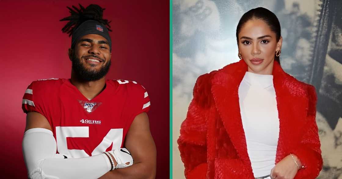 Fred Warner (L) smiles for a team portrait. His wife, Sydney Hightower (R), poses standing in a red coat.