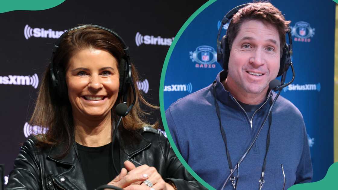 Lisa attends SiriusXM At Super Bowl LVII (L). Ed McCaffrey attends SiriusXM at Super Bowl LII Radio Row (R)